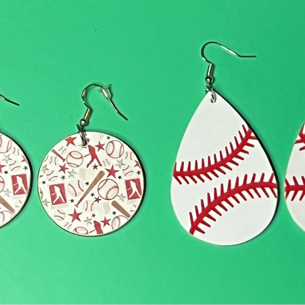 Baseball Themed Earrings - 2‎ pair- Red and White